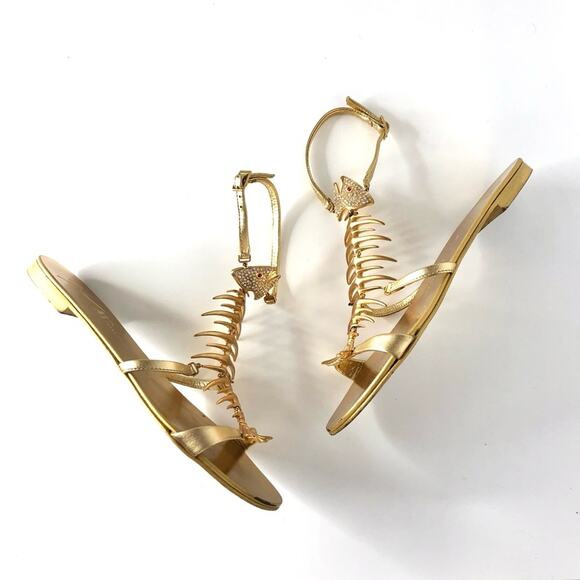 Giuseppe Zanotti Fishbone Gold Piranha Crystal Embellished Flat Sandals 37 - Picture 5 of 8